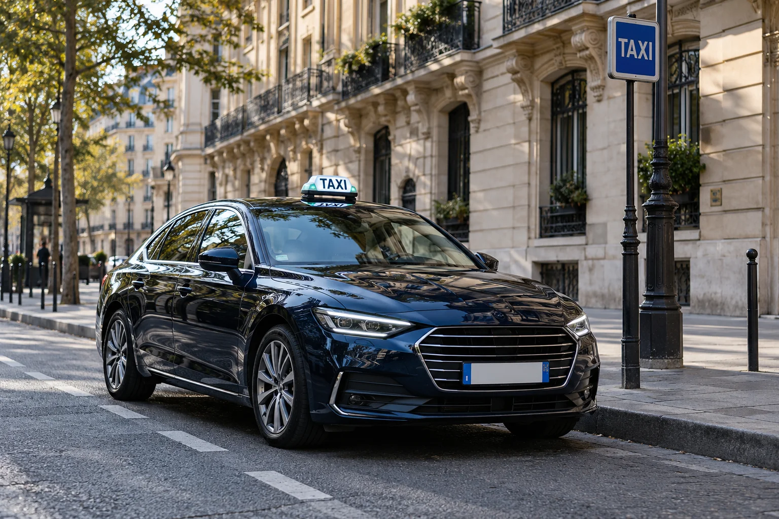 Taxi stationné dans une rue parisienne près d’un emplacement Taxi